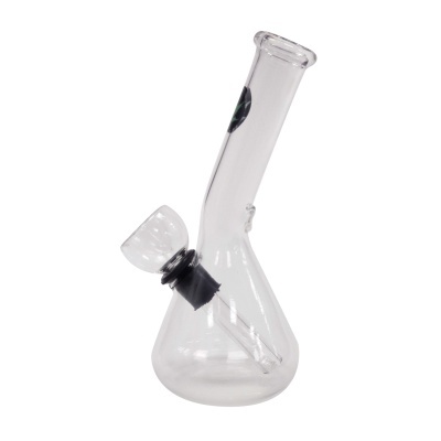 Base de vidro transparente com tubo inclinado e copo preto isolada em fundo branco