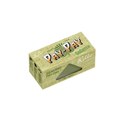 Caixa de papel para enrolar fumo PAY-PAY verde com texto e janela transparente