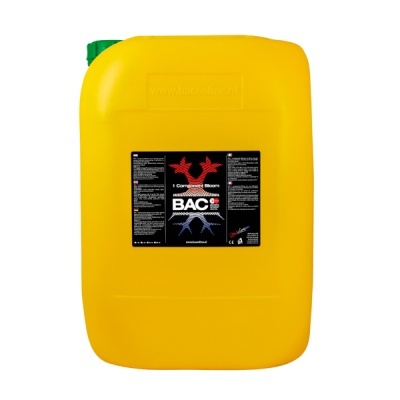 Bidão amarelo de plástico com tampa verde e etiqueta preta com texto e gráficos coloridos