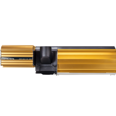 Dispositivo tecnológico dourado e preto com formato cilindrico e retangular