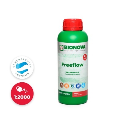 Frasco verde BIONOVA Freeflow com tampa vermelha e rótulo com textos e selos