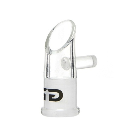 Peça tubular de vidro transparente com abertura oval e inscrição GD