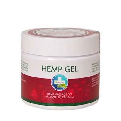 Frasco de gel de cânhamo para massagem branco com rótulo vermelho e texto