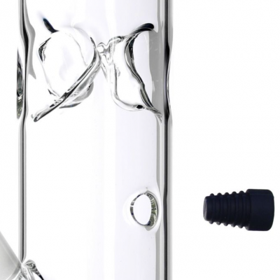 Tubo de vidro transparente com detalhe moldado e tampão preto