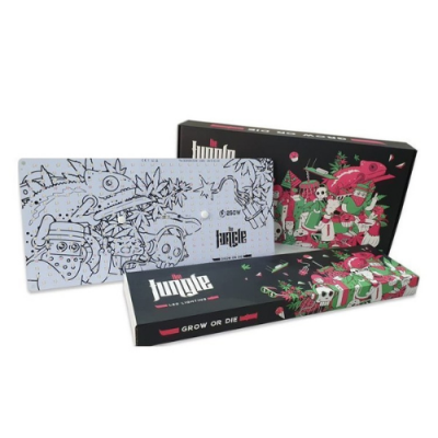 Conjunto de caixas com ilustrações de animais e plantas em preto, branco, vermelho e verde, com texto jungle e GROW OR DIE.