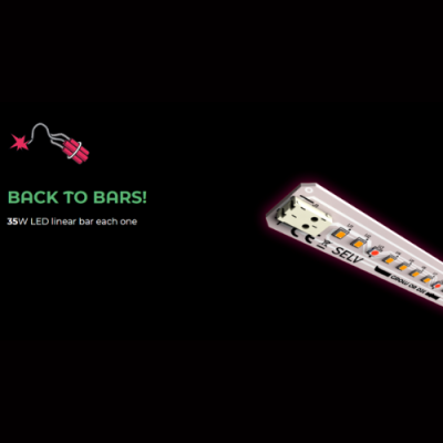 Barra linear LED branca com LEDs visíveis e texto promocional BACK TO BARS!