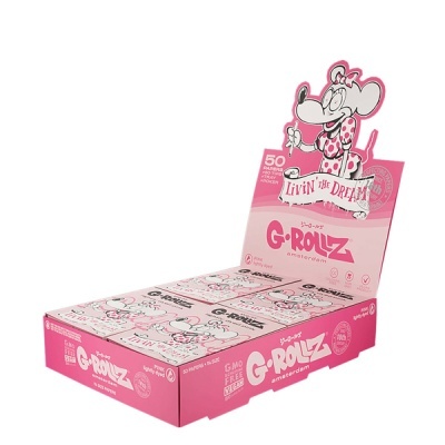 Expositor rosa com caixas de papel de enrolar G-Rollz Amsterdam com ilustração de rato.