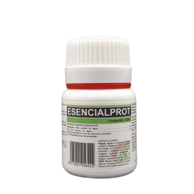 frasco branco de plástico com tampa branca e rótulo ESENCIALPROT 30 ml