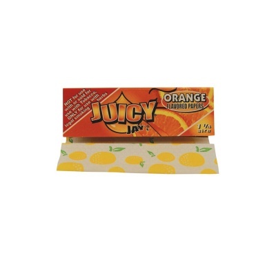 Embalagem de papel para enrolar Juicy Jay's sabor laranja com folha decorada com laranjas.