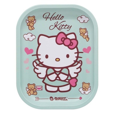 Tabuleiro azul claro com estampa da Hello Kitty e texto Hello Kitty e G-ROLLZ.