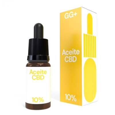 Frasco de aceite CBD 10% com embalagem amarela e branca.