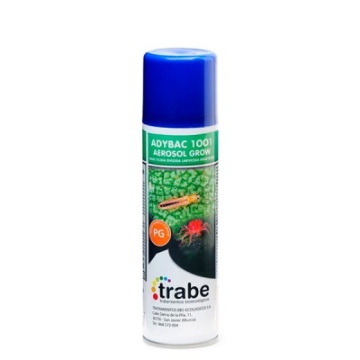 Aerosol ADYBAC 1001 AEROSOL GROW com tampa azul e rótulo verde, branco e imagens de insetos