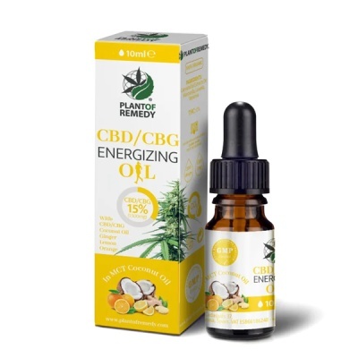 Frasco e embalagem de óleo CBD/CBG energizante da Plant of Remedy 15% em óleo de coco MCT