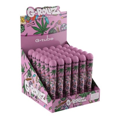 Expositor rosa com tubos G-rollz decorados com folhas de cannabis verdes