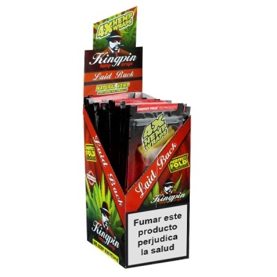 Expositor com pacotes Kingpin hemp wraps Laid Back e advertência de saúde