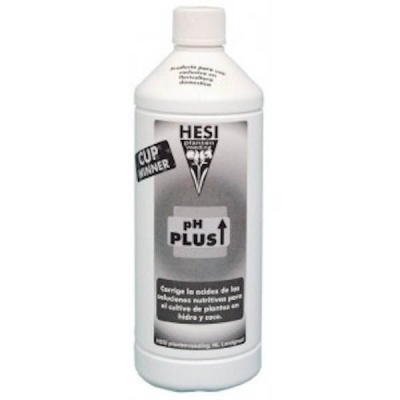 Frasco branco de produto HESI Plant Grow pH Plus com rótulo cinza e preto