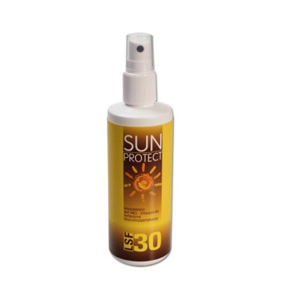 Frasco spray protetor solar Sun Protect LSF 30 com rótulo amarelo e castanho