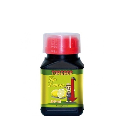 Frasco preto com tampa vermelha e rótulo amarelo de produto Top Crop Top Lemon