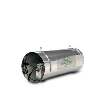 Tubo metálico cilíndrico prateado com etiqueta Easy Garden