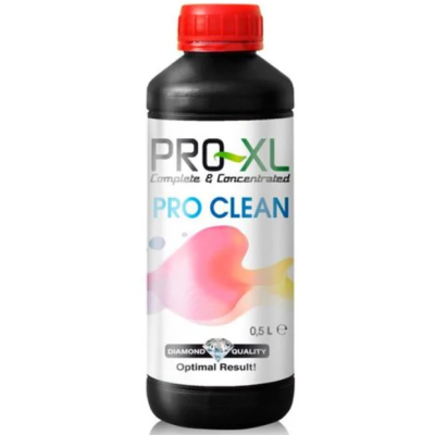 Frasco preto com rótulo branco e tampa vermelha de produto PRO-XL Pro Clean.