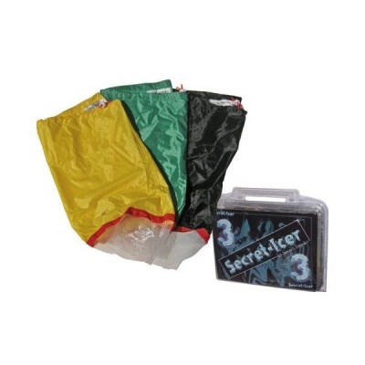 Três sacos de tecido coloridos com caixa plástica rotulada Secret Icer 3
