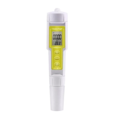 Medidor digital branco e amarelo com visor e botões