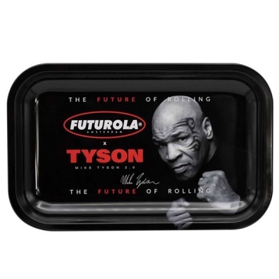 Tabuleiro de rolar preto com imagem de Mike Tyson e texto FUTUROLA TYSON MIKE TYSON 2.0