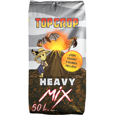 Saco TOP CROP HEAVY MIX 50 L com guano e farinha de lava e ilustração de vulcão, espantalho e morcegos.