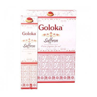 Caixas de incenso Goloka Saffron branca com detalhes vermelhos e amarelos