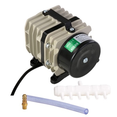 Compressor de ar cinza com tampa preta, cabo, mangueira azul e acessório branco.