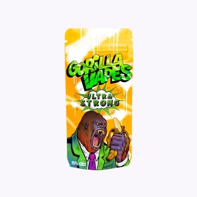 Embalagem amarela com ilustração de gorila a segurar banana e texto Gorilla Vapes Ultra Strong
