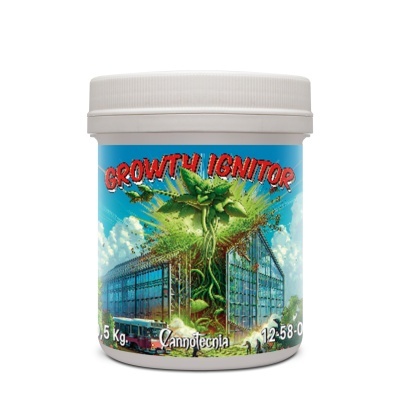 Frasco branco com rótulo azul e texto GROWTH IGNITOR e imagem de planta gigante num edifício