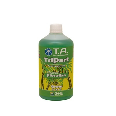 Frasco verde de fertilizante líquido T.A. Terra Aquatica TriPart Original FloraGro Grow 3-1-6.