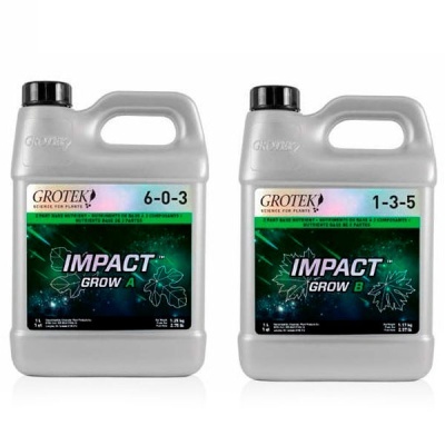 Dois recipientes cinza com nutrientes para plantas Grotek Impact Grow A e B