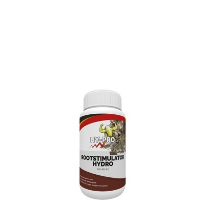 Frasco de suplemento para plantas HY-PRO Rootstimulator Hydro branco com tampa e rótulo colorido