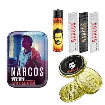 Conjunto de acessórios de tabaco com tema Narcos incluindo caixa, isqueiro, carteiras de papel e triturador amarelo