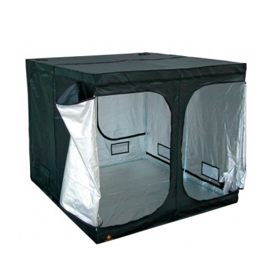Tenda para cultivo com tecido preto e interior prateado, abertura frontal com fechos de correr