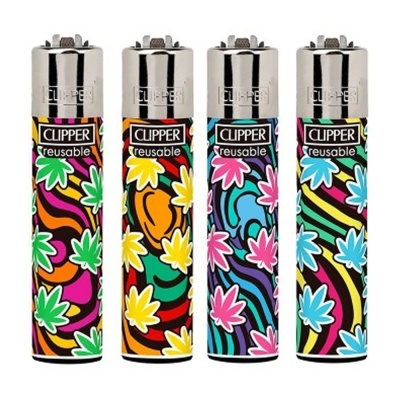 Quatro isqueiros Clipper reutilizáveis coloridos com padrão de folhas e formas abstratas