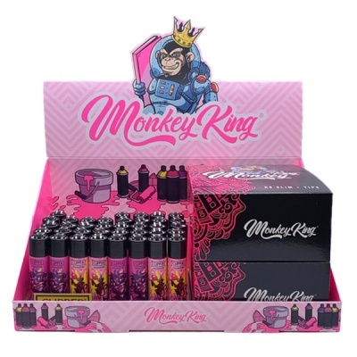 Expositor rosa com isqueiros coloridos e caixas pretas Monkey King