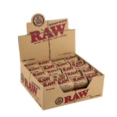 Caixa de rolos RAW Hemp Wick 10ft/3 metros em cartão castanho com texto vermelho e preto