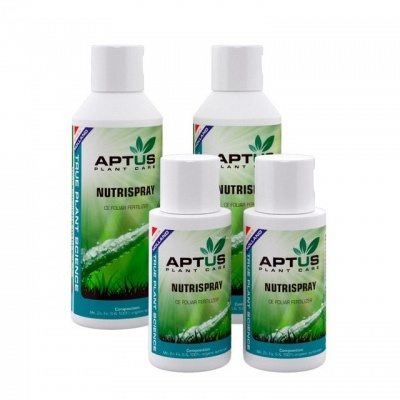 Frascos brancos de Aptus Plant Care Nutrispray com rótulos verdes
