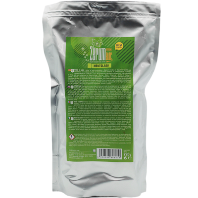 Embalagem prateada com etiqueta verde com texto e código de barras