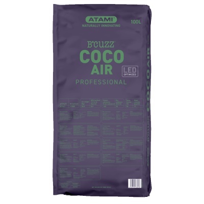 Saco roxo de substrato Bcuzz COCO AIR Professional 100L da marca Atami com texto verde e branco