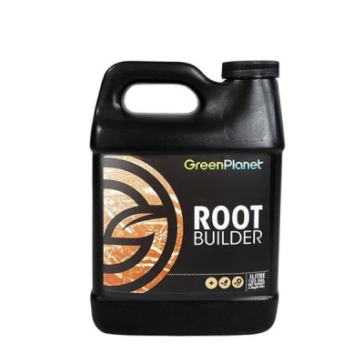 Frasco preto de plástico com rótulo GreenPlanet ROOT BUILDER
