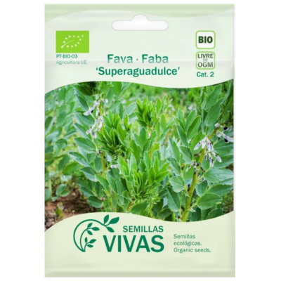 Pacote de sementes de fava 'Superaguadulce' da Semillas Vivas com selo BIO e imagem de plantas verdes