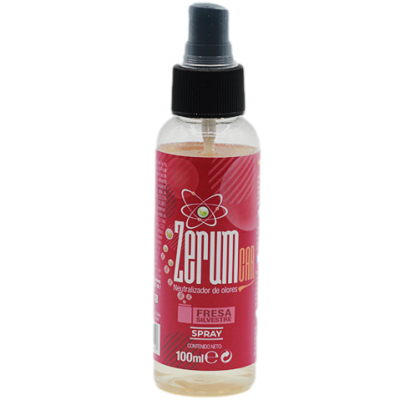 Frasco de spray Zerum com rótulo vermelho e tampa preta