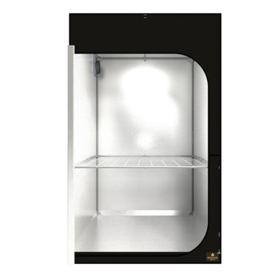 Armário de cultivo interior preto e branco com prateleira metálica e painel digital
