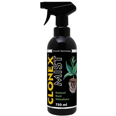 Frasco pulverizador preto com rótulo e texto CLONEX MIST e imagem de planta