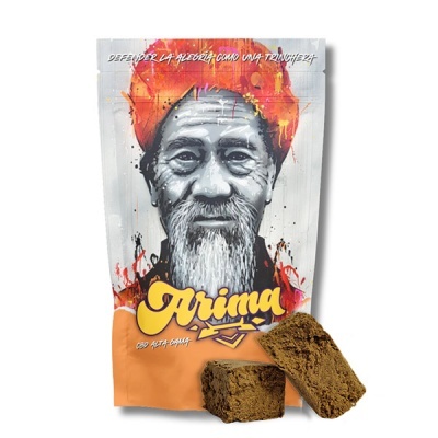 Embalagem Arima CBD com imagem de homem e blocos marrons