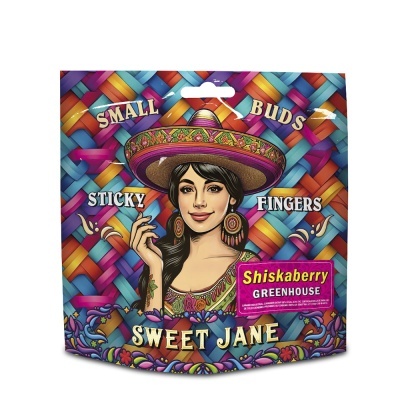 Embalagem colorida Sweet Jane com mulher e texto Shiskaberry Greenhouse